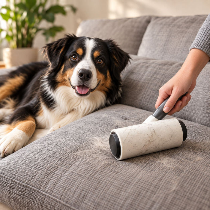 Hond op de bank, haar wordt weggerold met de pluisroller