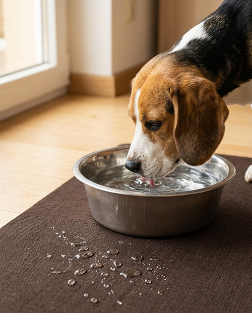 Beagle drinkt water, gemorst water blijft op de waterdichte voermat