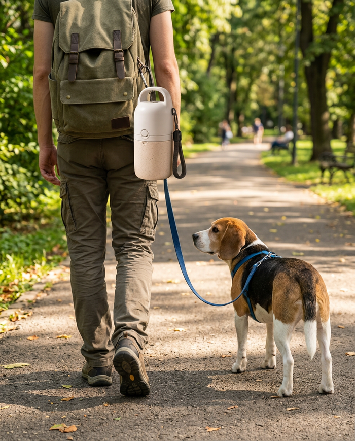 Drinkfles aan de rugzak tijdens een wandeling met de hond