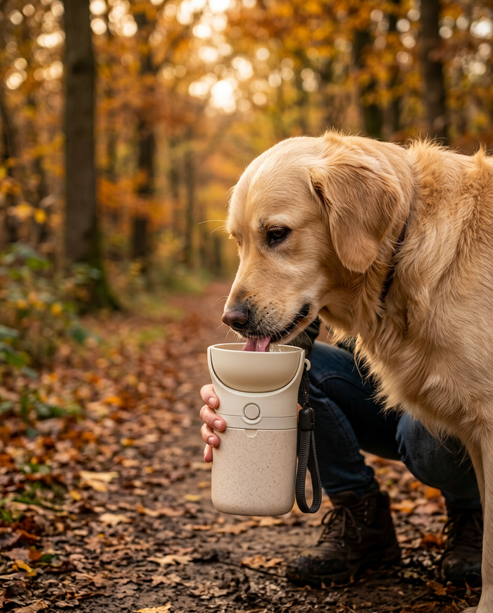 Hond drinkt direct uit de drinkfles tijdens een herfstwandeling