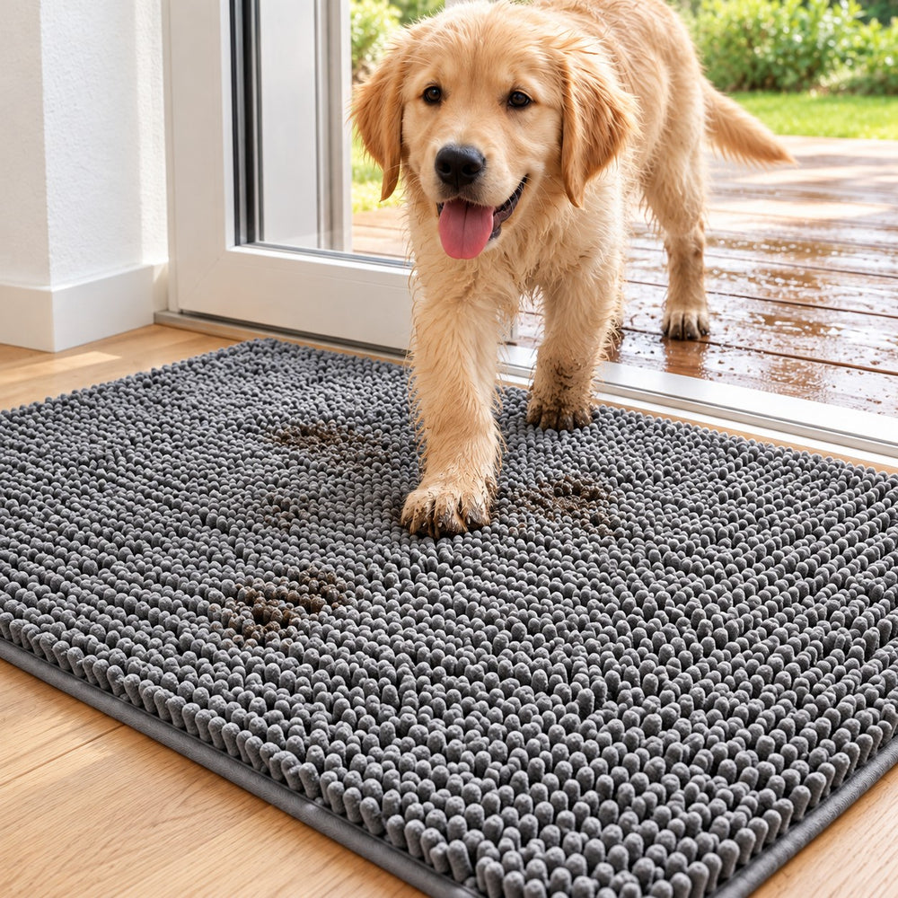 Natte puppy met modderpoten stapt op de mat