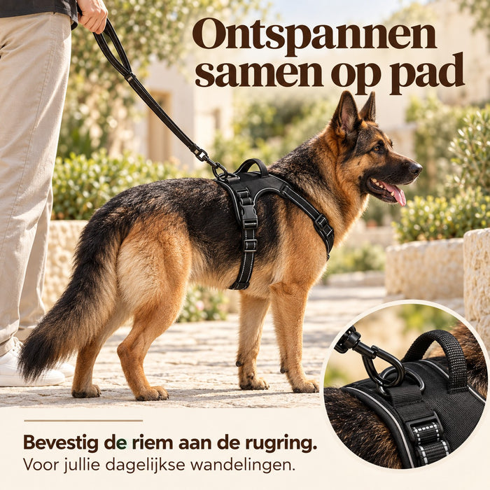 Herdershond met tuig en lijn aan de rugring tijdens een wandeling